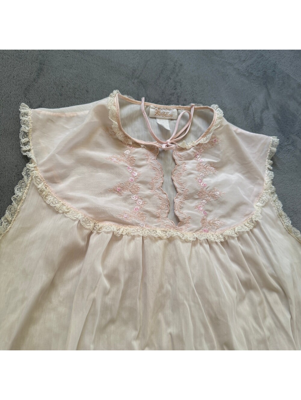 Barbizon Pink Nightgown Sheer Chiffon Embroidered Lace Cottagecore M Vtg
